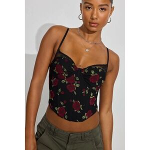 Garage Sabrina Peek-A-Boo Bustier Top Black‎ Red Rose Floral Lace Trim XS